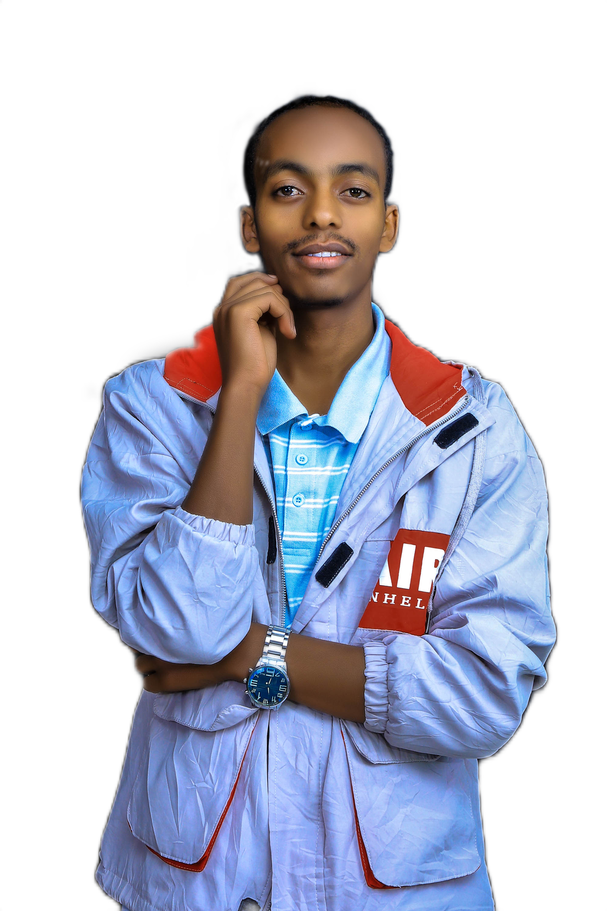 A man in a alice blue shirt with a thinking expression